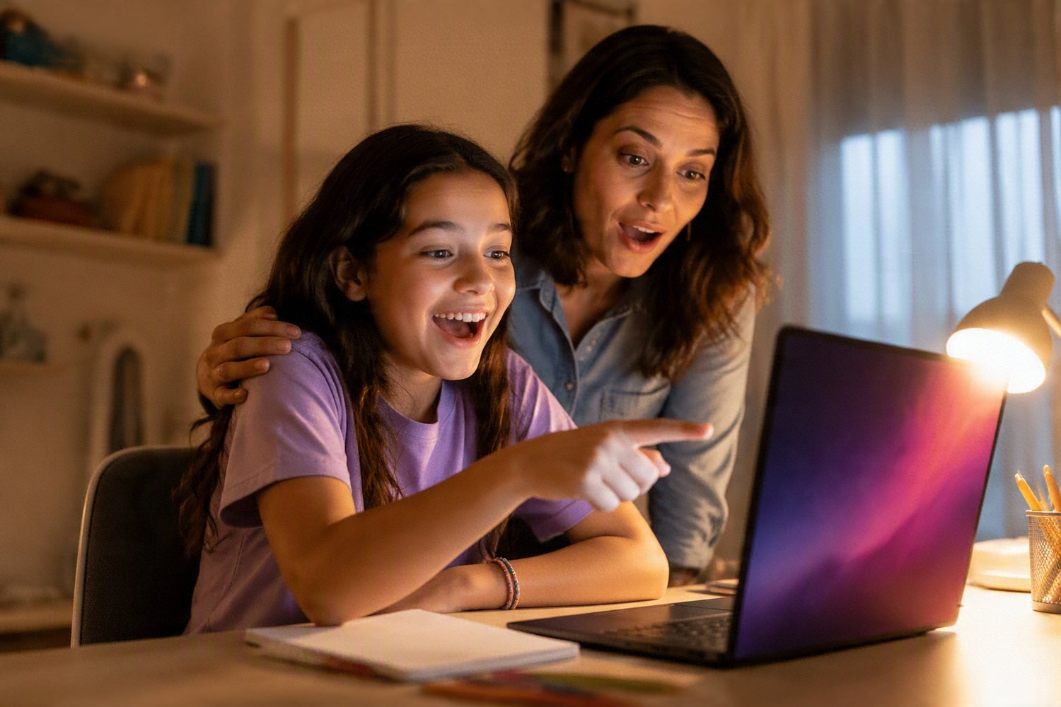 Mãe e filha comemorando juntas o progresso na tela do computador