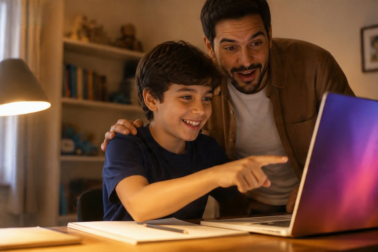 Pai e filho olhando juntos o progresso na tela